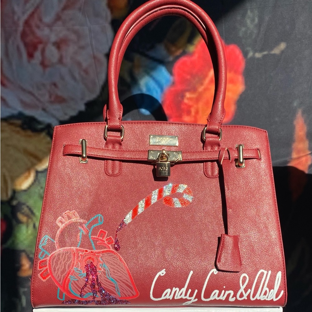 VanRahDesign hand painted BCBG purse with lock —Painting “Candy Cain & Abel”